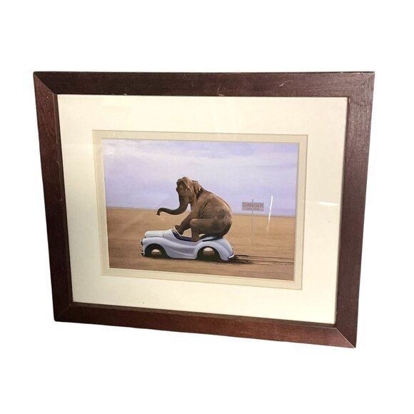 Framed Elephant On Toy Car Art Print In Wooden Frame With Beige Matting - Picture 1 of 11